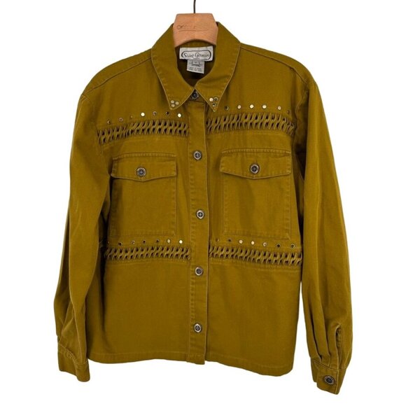 Saint Germain Paris women's size Medium chartreuse Studded  denim Jean Jacket - Picture 2 of 10
